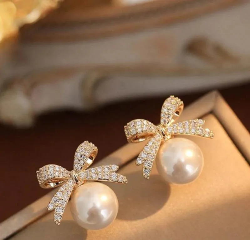 Gold Bow Pearl Earrings for Women Daily Wear