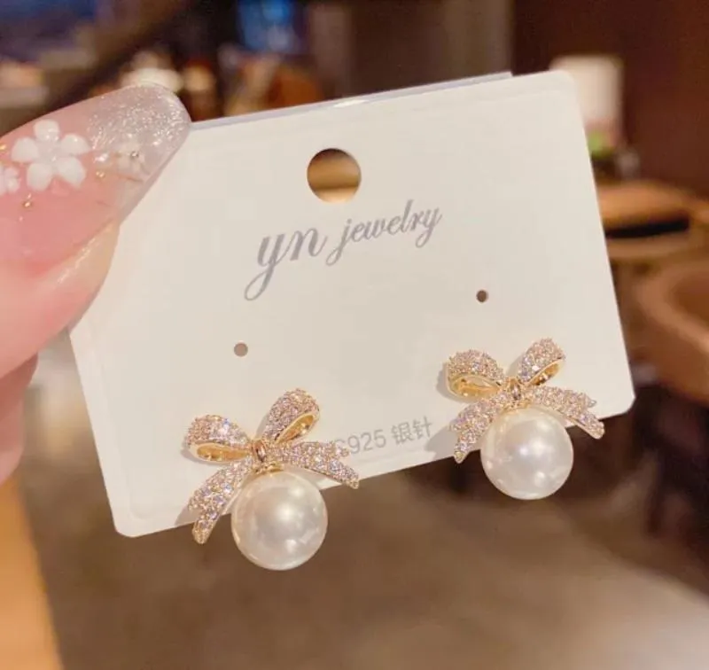 Gold Bow Pearl Earrings for Women Daily Wear