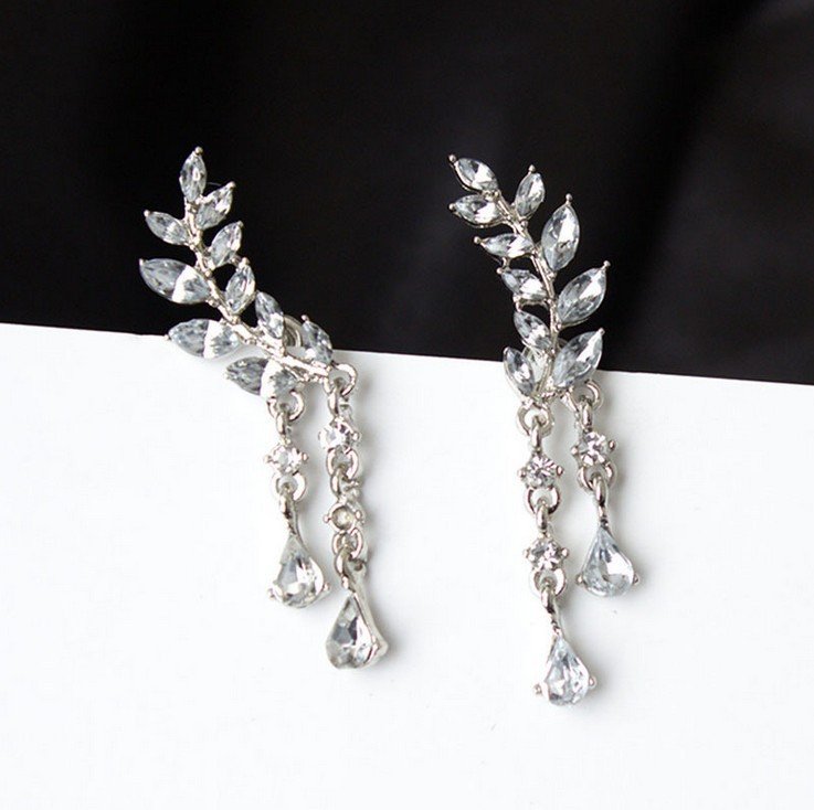 Leaf Crystal Earrings Silver Tone For Women #07